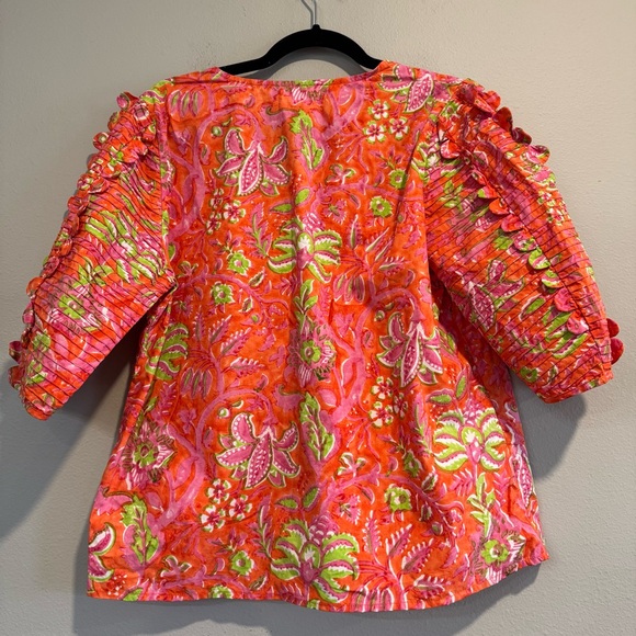 Sohana Moda Top Hand Crafted Bright Floral Tie-Front Puff Sleeves Boho Chic L - Picture 6 of 10